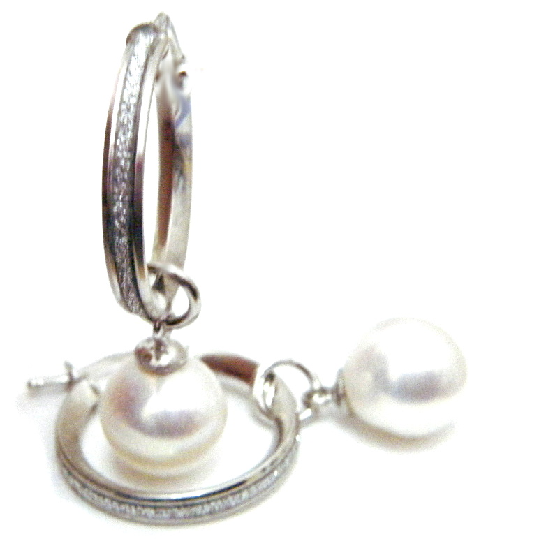 Silver Huggies Inlaid with CZs, White 10mm Round Pearls